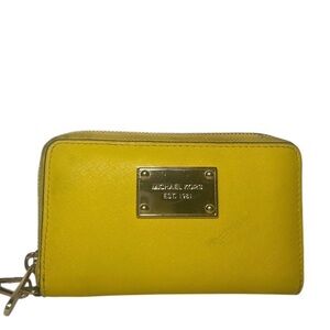 Michael Kors Yellow Leather Full Zip Large Wristlet Strap Wallet With Logo